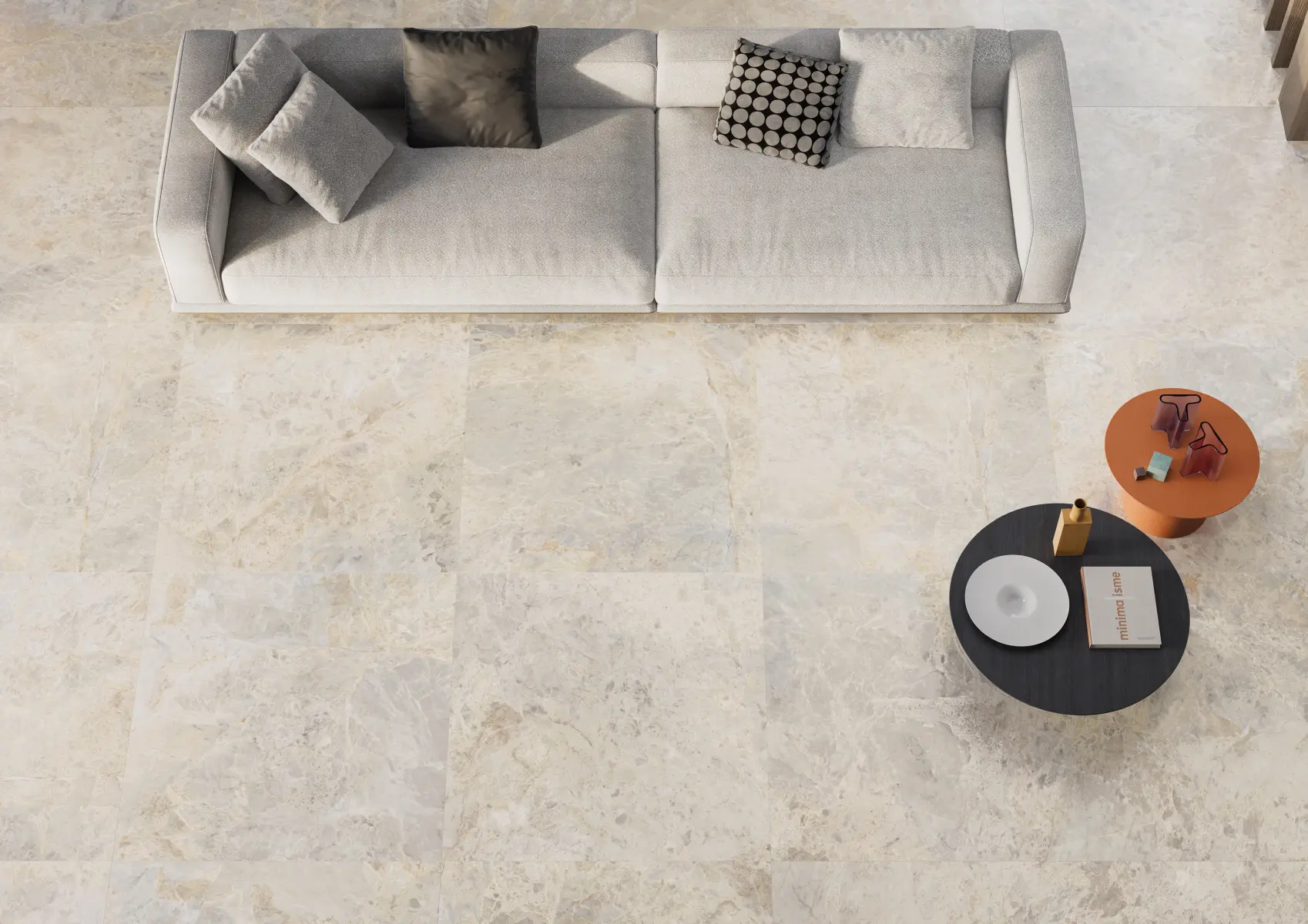 Pardoseala-living-cu-gresie-portelanata-mata-Keope-Versilia_fiorito-ivory_Gada-ceramic Living cu Gresie Porțelanată Versilia