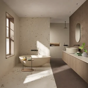 Baie modernă cu gresie bej aspect piatră Materia Pura FAP Ceramiche