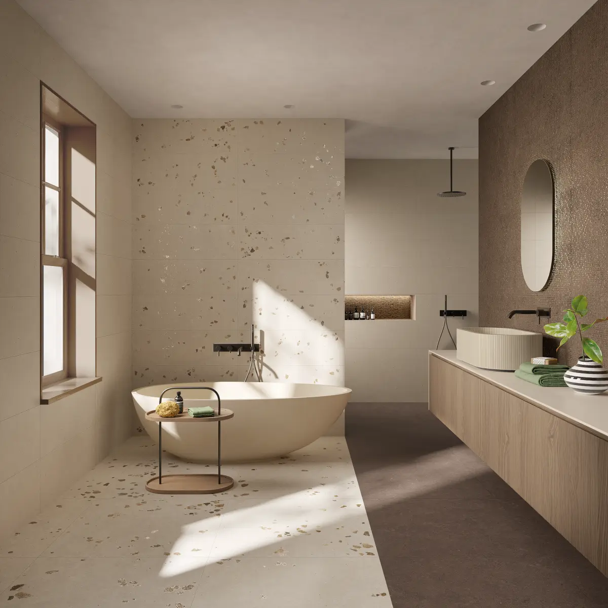 Baie modernă cu gresie bej aspect piatră Materia Pura FAP Ceramiche
